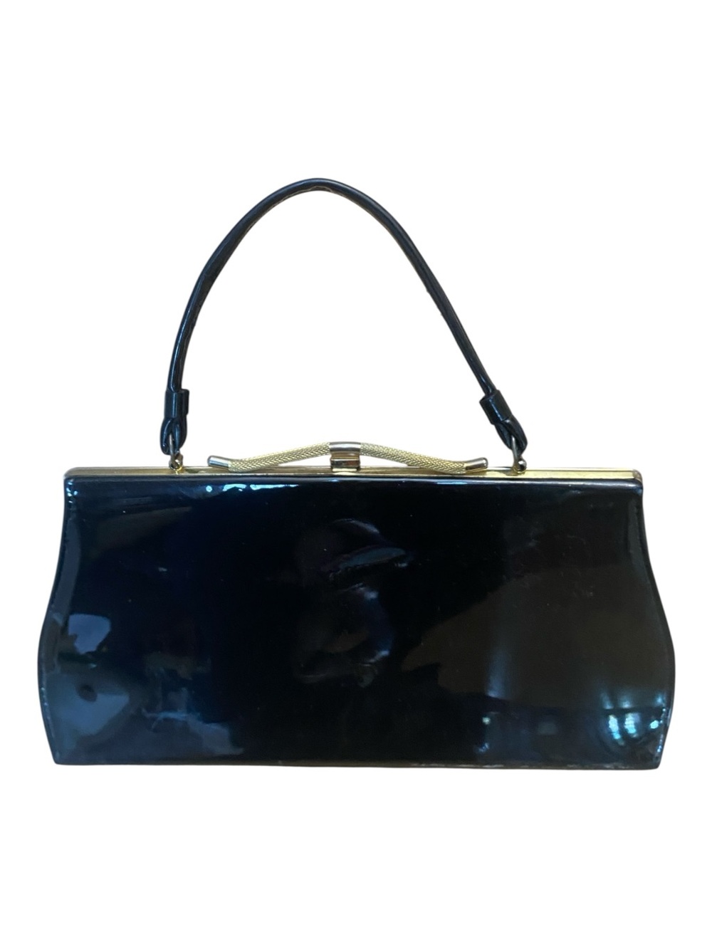 Vintage Womens Black Patent Leather Kiss Lock Top Handle Purse 1960s